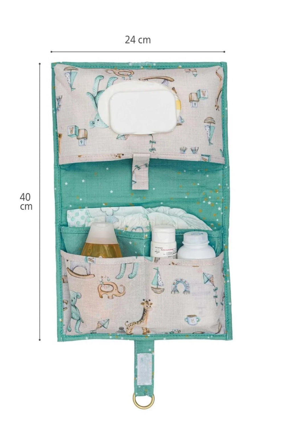 24x40 cm ölçülerinde çocuk desenli bebek bakım düzenleyici çanta, ıslak mendil ve biberonluk cepler