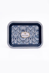 Mavi beyaz çiçek desenli Sweet Home yazılı dekoratif metal tepsi