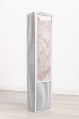 Gri beyaz çizgili desenli ve şeffaf pencere özellikli dikdörtgen battaniye saklama çantası