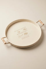 Ahşap Kulplu Yuvarlak Metal Servis Tepsisi 37 cm, "Krem"