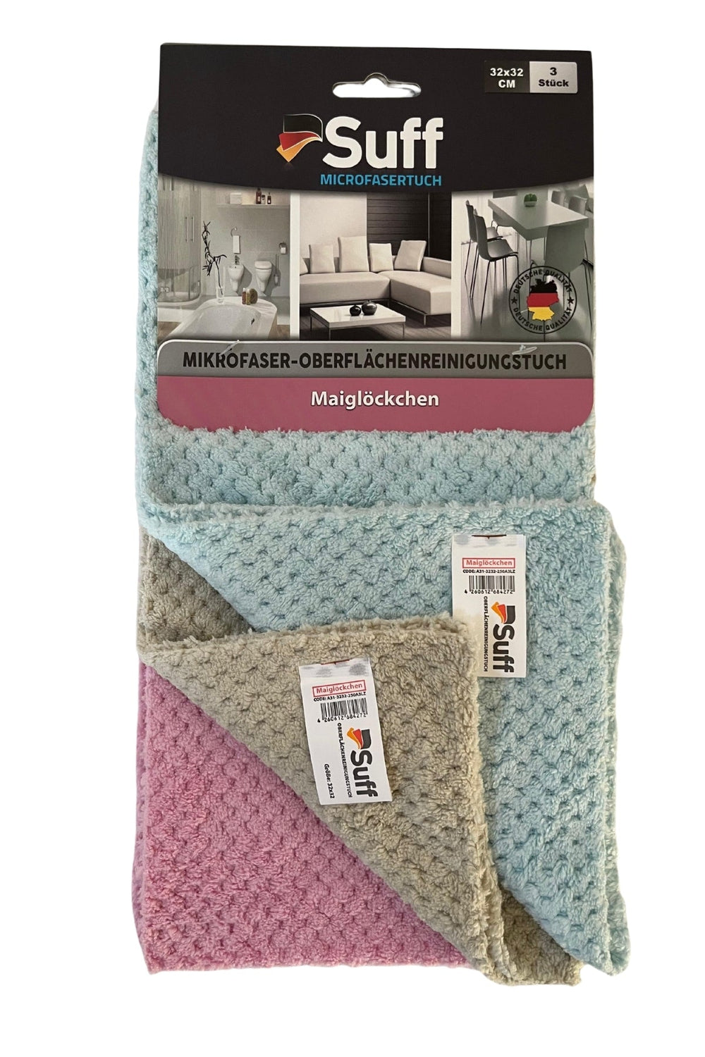 Suff mikrofiber temizlik bezleri üç renkli, 32x32 cm, yüzey temizleme için ev kullanımı