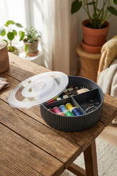 Kapaklı Yuvarlak Bölmeli Dikiş Kutusu Organizer 19 cm Çap 6 cm Yükseklik "Antrasit"