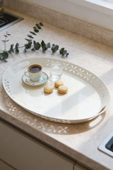 Oval Metal Servis ve Sunum Tepsisi, Büyük Tepsi, Çay Kahve Tepsisi "Krem"