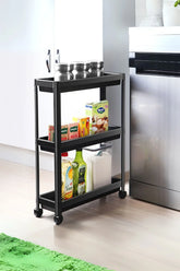 3 Katlı Tekerlekli Siyah Mutfak Rafı, Kitaplık, Düzenleyici Açık Dolap