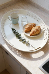 Oval Metal Servis ve Sunum Tepsisi, Büyük Tepsi, Çay Kahve Tepsisi "Krem"