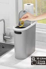 10 Litre Click Kapak Çöp Kovası, Banyo Çöp Kovası, Mutfak Çöp Kovası, Slim Çöp Kovası "Gri"