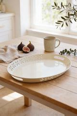 Oval Metal Servis ve Sunum Tepsisi, Büyük Tepsi, Çay Kahve Tepsisi "Krem"