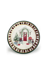 Kırmızı kapılı ev ve yılbaşı süslemeleri içeren dekoratif Noel temalı tabak