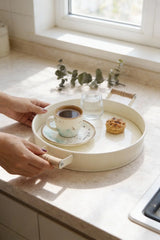 Ahşap Kulplu Yuvarlak Metal Tepsi, Servis ve Sunum Tepsisi 26 cm