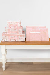 Pembe renkli bebek 6'lı seyahat seti, desenli ve puantiyeli organiser çantalar