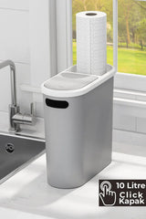 10 Litre Click Kapak Çöp Kovası, Banyo Çöp Kovası, Mutfak Çöp Kovası, Slim Çöp Kovası "Gri"