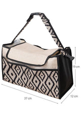 Bohem tarz siyah-beyaz desenli bebek arabası organizer çantası, askılı ve ölçüleri belirtilmiş