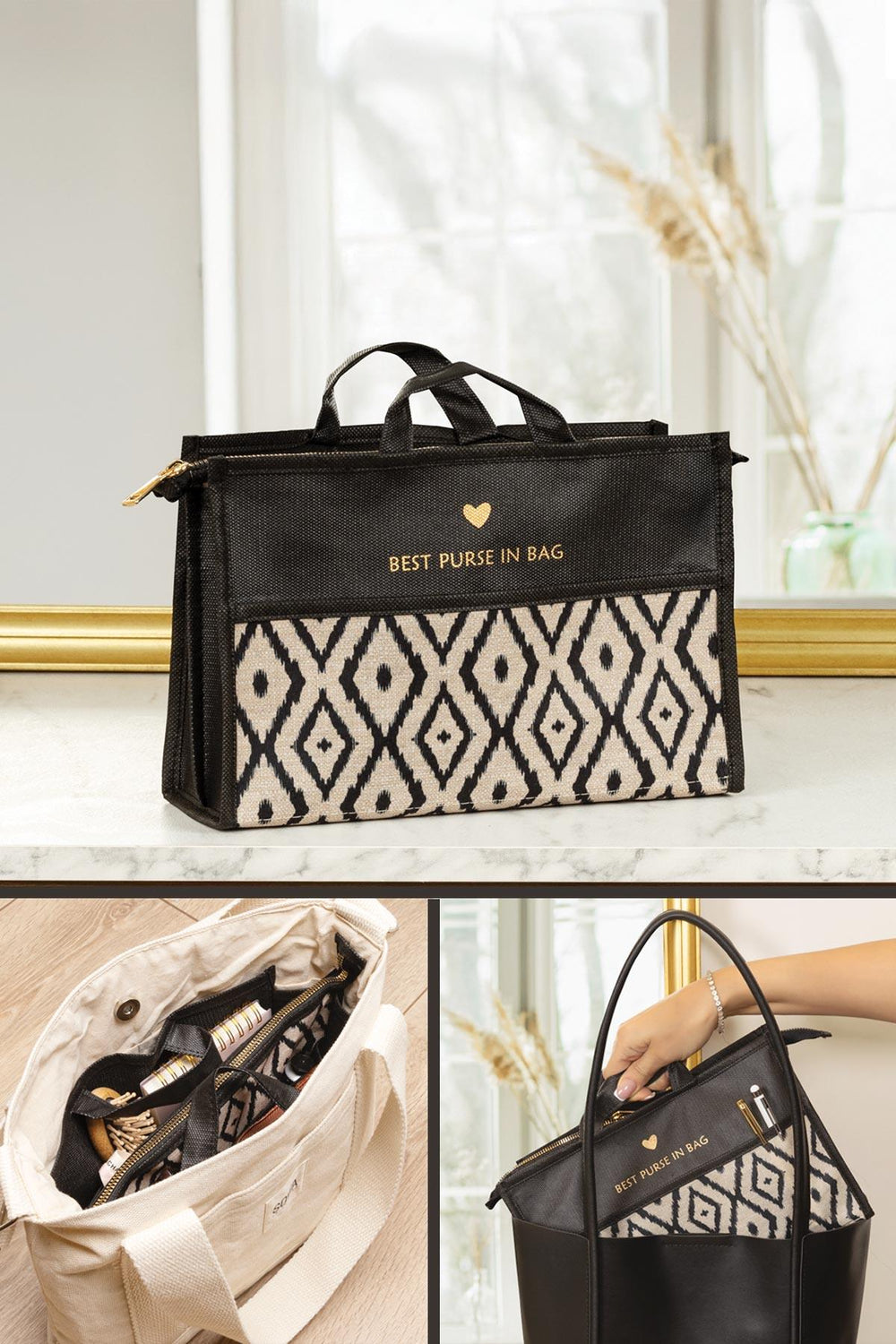 Siyah tutma saplı bohem desenli iç çanta düzenleyici, torba içinde ve yakın çekim
