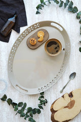 Oval Metal Servis ve Sunum Tepsisi, Büyük Tepsi, Çay Kahve Tepsisi "Cappucino"