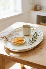 Oval Metal Servis ve Sunum Tepsisi, Büyük Tepsi, Çay Kahve Tepsisi "Krem"