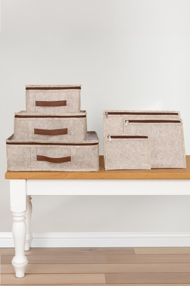 Sütlü kahverengi deri saplı bej sıralı 6'lı seyahat ve bavul içi organizatör çanta seti