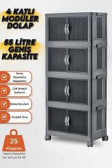 4 Katlı Modüler Dolap, 55 Litre, 360° Tekerlekli, Çok Amaçlı Saklama Ünitesi, Banyo ve Mutfak Dolabı