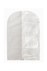 Şeffaf plastik ceplere ve çizgili kumaş bölüme sahip beyaz asılabilir organizatör