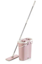 Pembe temizlik kovası ve beyaz saplı paslanmaz çelik mop seti