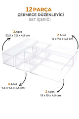 Ayarlanabilir Çekmece İçi Düzenleyici Set 12 Parça Takı Düzenleyici Ve Makyaj Organizeri