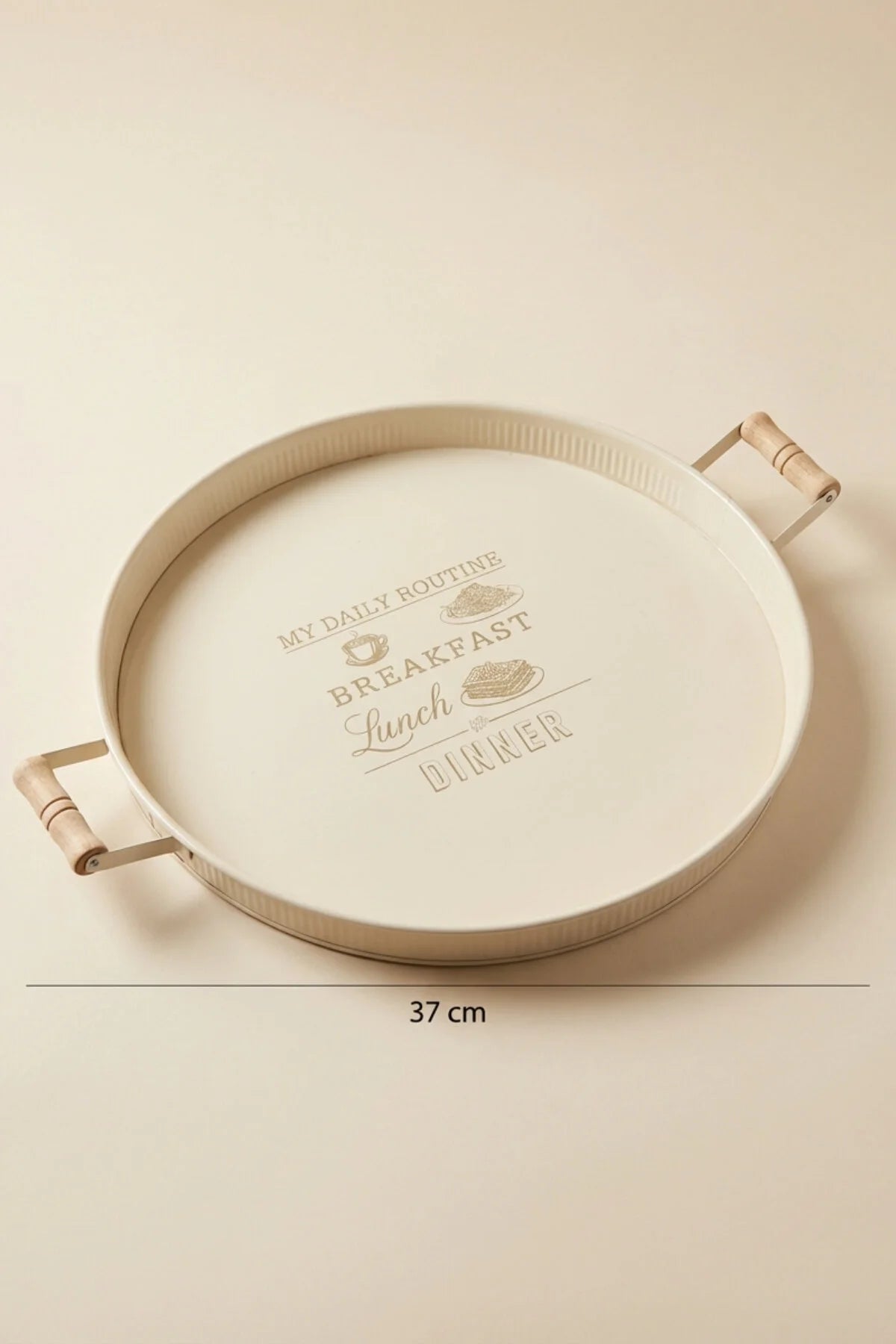 Ahşap Kulplu Yuvarlak Metal Servis Tepsisi 37 cm, "Krem"