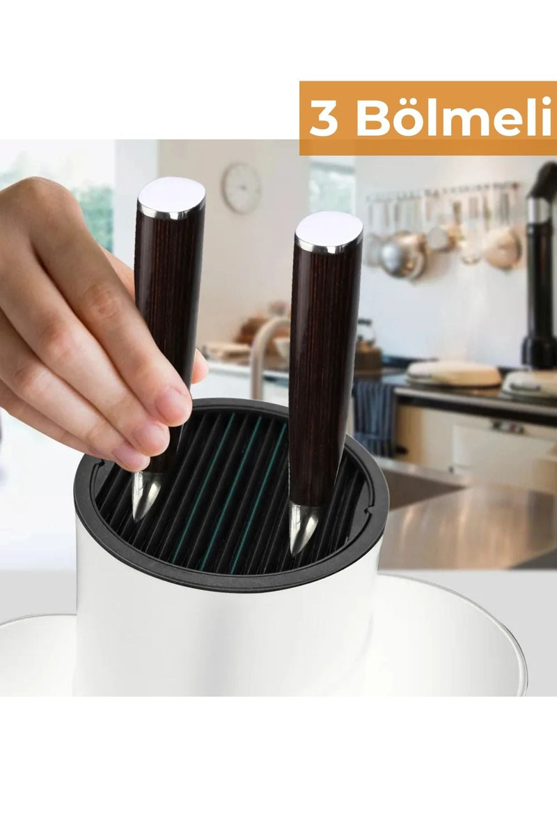 Mutfakta bıçak bileyiciye bıçak saplarını yerleştiren el, 3 bölmeli modern tasarım