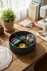Kapaklı Yuvarlak Bölmeli Dikiş Kutusu Organizer 19 cm Çap 6 cm Yükseklik "Gri"