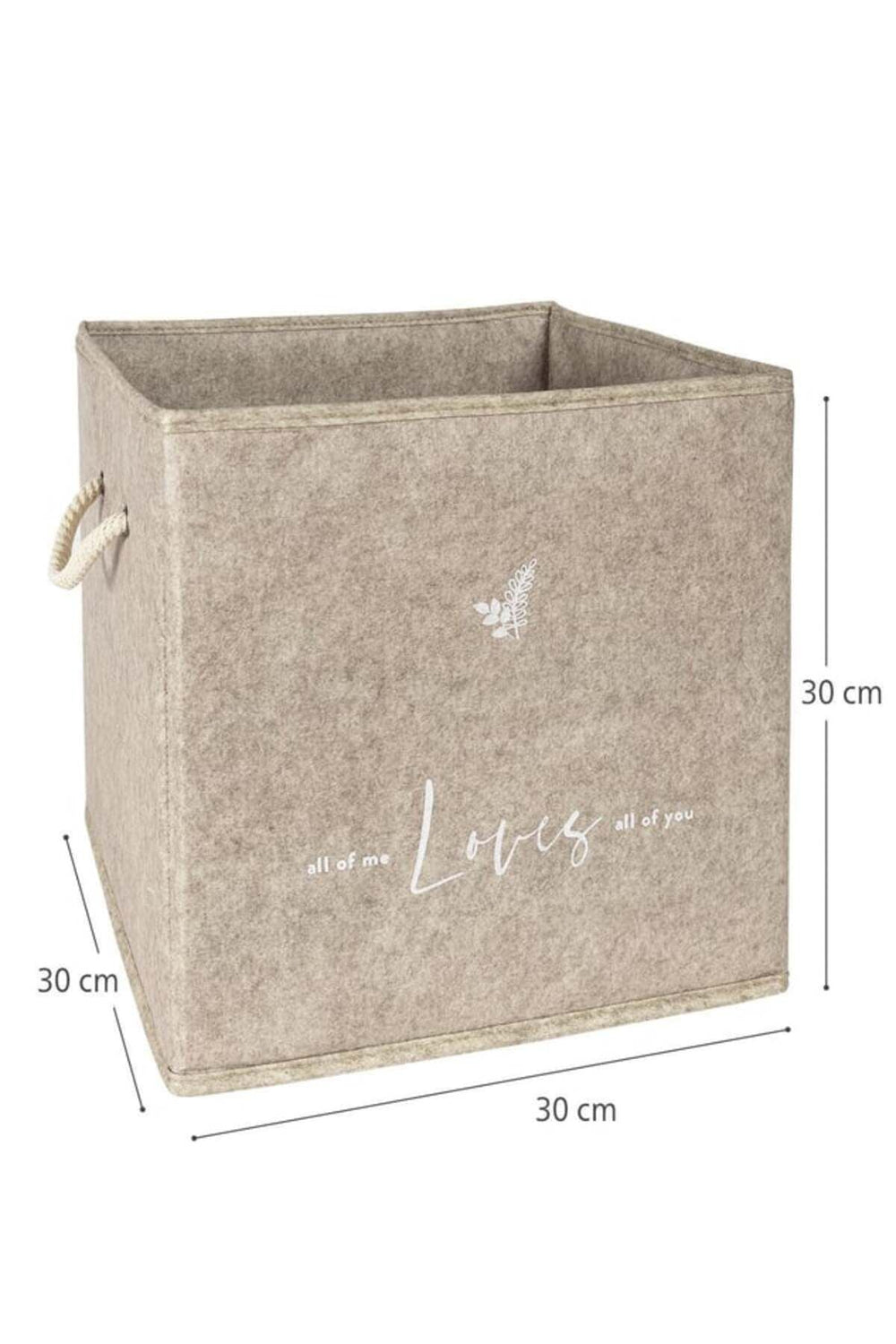 30x30x30 cm ölçülerinde bej renkli saklama kutusu, önünde 'Loves' yazısı ve yaprak deseni