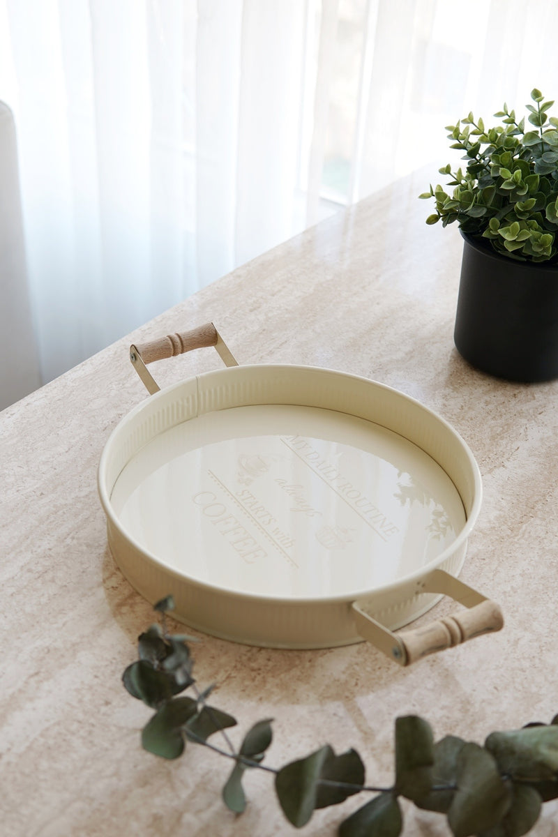 Ahşap Kulplu Yuvarlak Metal Tepsi, Servis ve Sunum Tepsisi 26 cm
