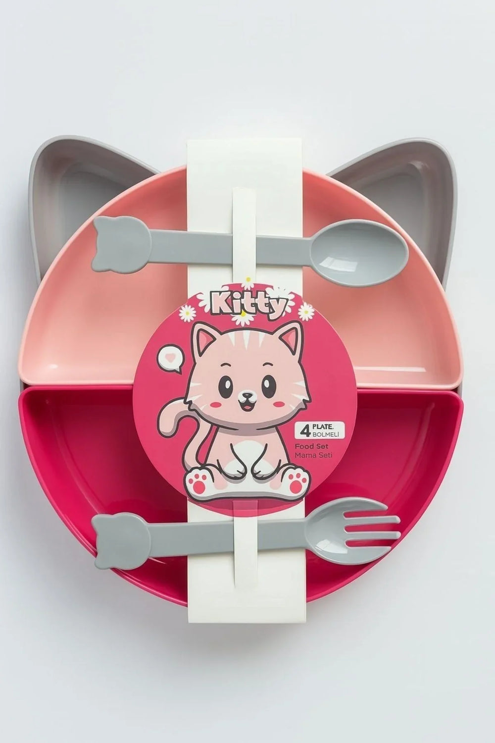 Kedi kulaklı bölmeli çocuk tabak seti, kaşık ve çatal ile birlikte, pembe ve kırmızı renkli