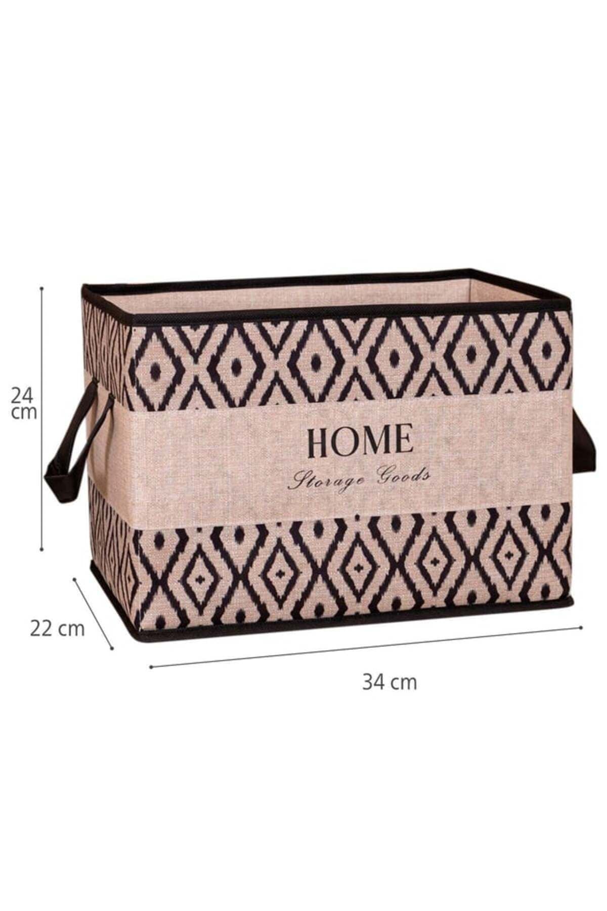 34x22x24 cm ölçülerinde, siyah desenli, kulplu bej ev depolama kutusu