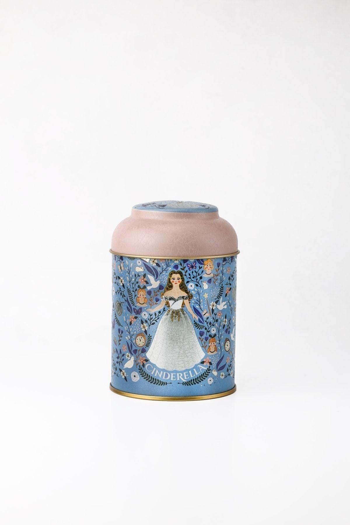 Mavi ve pembe renkli, Cinderella temalı desenli metal süs kutusu