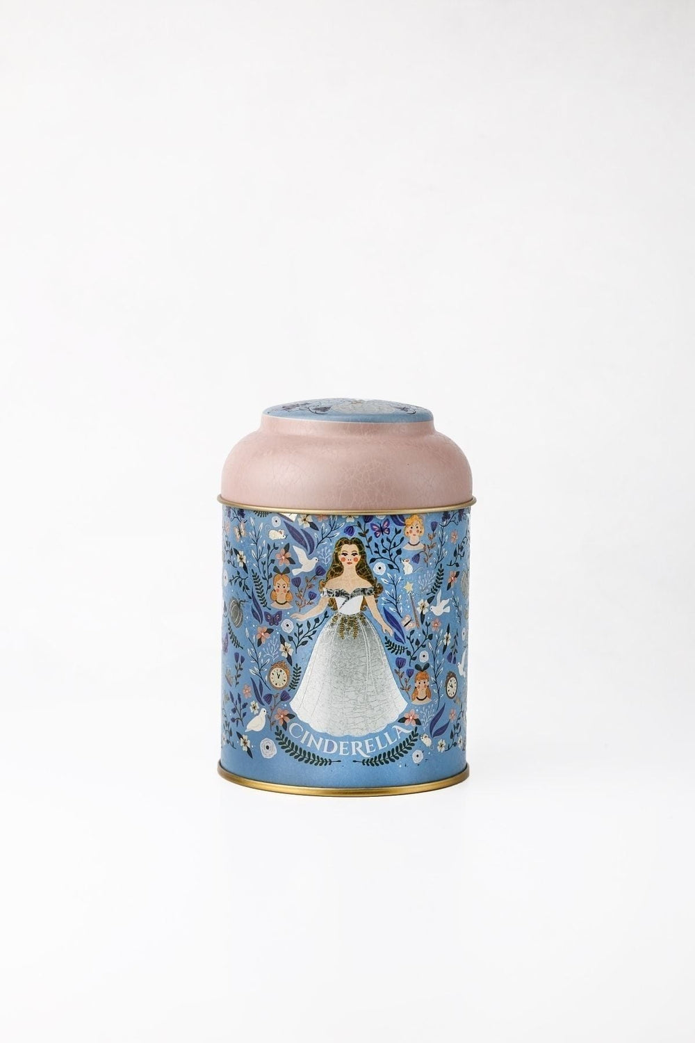 Mavi ve pembe renkli, Cinderella temalı desenli metal süs kutusu