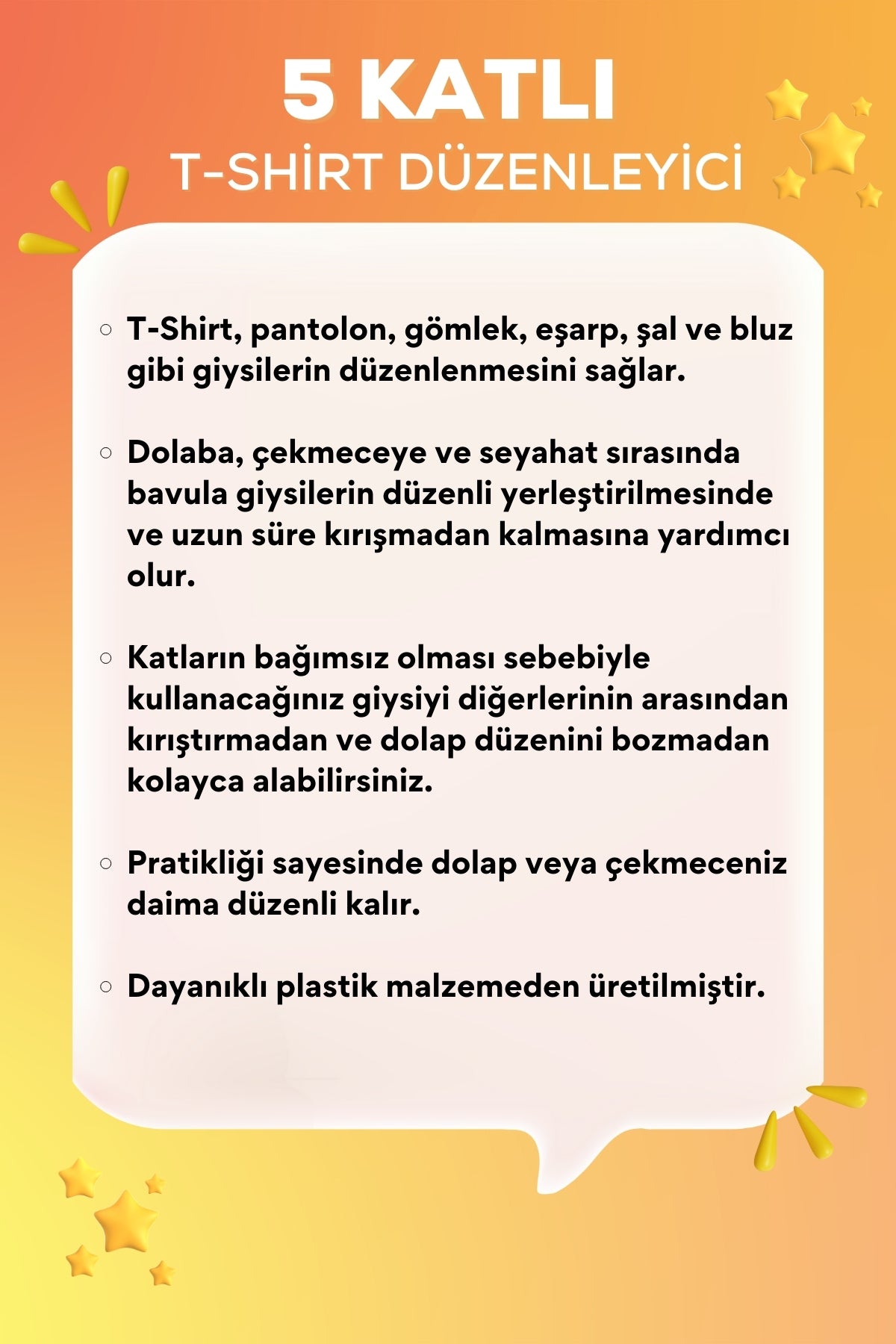 5 Katlı T-Shirt Düzenleyici – Dolap ve Çekmece İçi Kıyafet Organizer, 5’li Set
