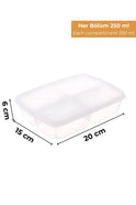 Şeffaf plastik kapaklı 4 bölmeli 250 ml kapasiteli saklama kabı, ölçüleri 20x15x6 cm