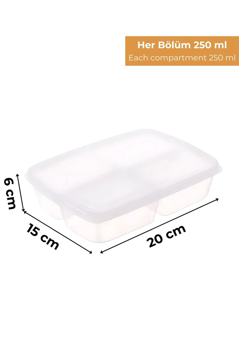 Şeffaf plastik kapaklı 4 bölmeli 250 ml kapasiteli saklama kabı, ölçüleri 20x15x6 cm