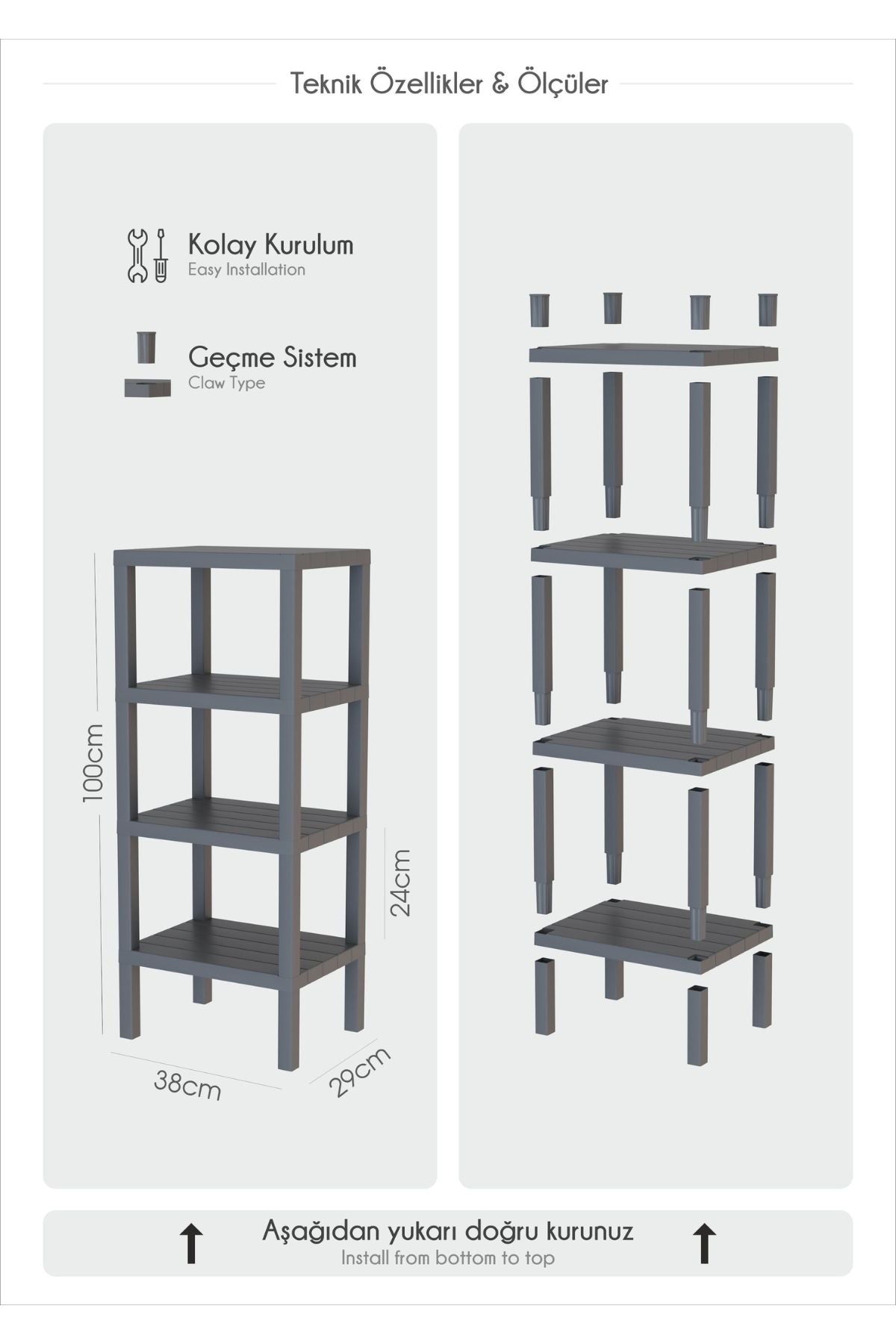 Kolay kurulumlu, geçme sistemli 4 raflı koyu gri plastik raf ölçüleri 100x38x29 cm