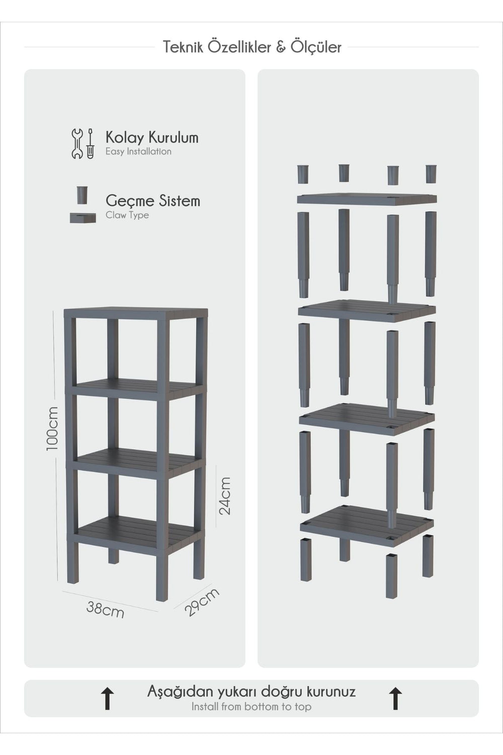 Kolay kurulumlu, geçme sistemli 4 raflı koyu gri plastik raf ölçüleri 100x38x29 cm