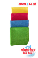 30x40 cm boyutunda sarı, kırmızı, mavi ve yeşil renklerde 4'lü mikrofiber temizlik bez seti