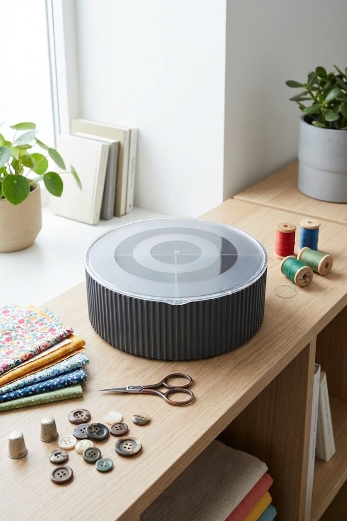 Kapaklı Yuvarlak Bölmeli Dikiş Kutusu Organizer 19 cm Çap 6 cm Yükseklik "Gri"