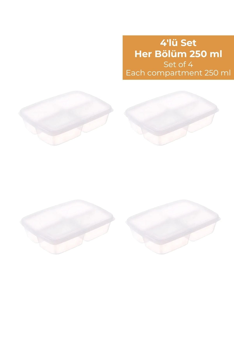 4'lü set, her bölümü 250 ml kapasiteli plastik saklama kapları