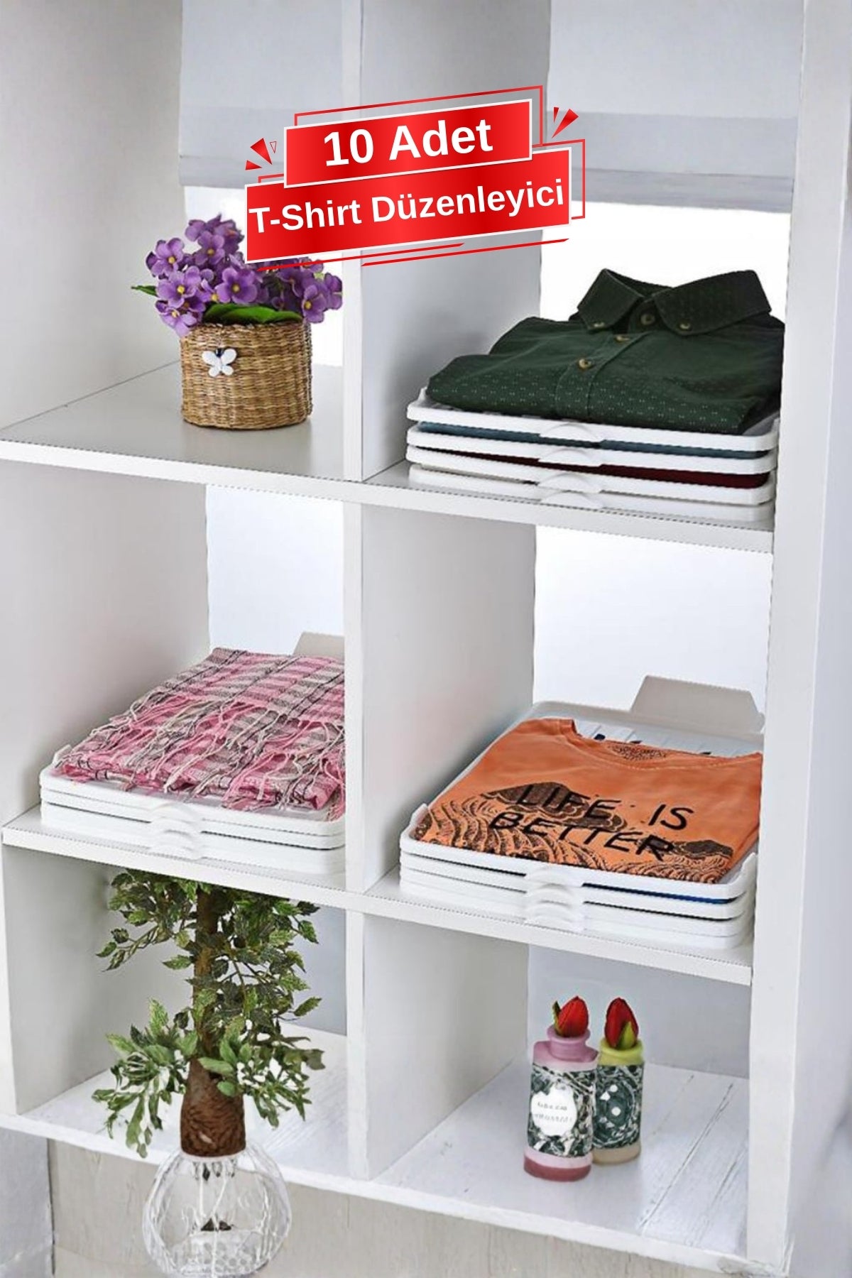 10 Katlı T-Shirt Düzenleyici – Dolap ve Çekmece İçi Kıyafet Organizer, 10'lu Set