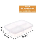 250 ml kapasiteli 2 bölmeli şeffaf plastik saklama kabı, 20x15x9 cm ölçülerinde