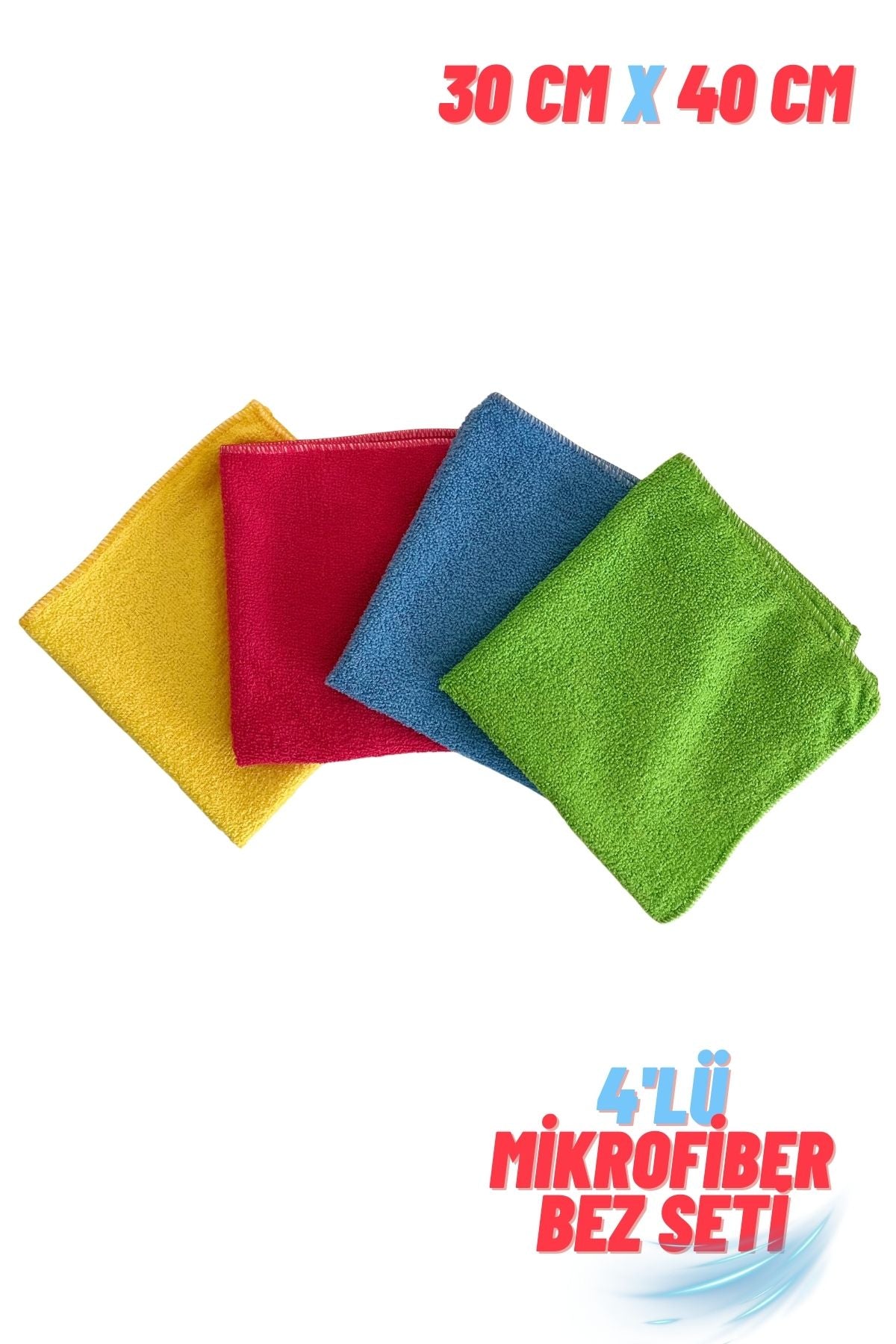 30x40 cm ölçülerinde dört renkli mikrofiber bez seti, sarı, kırmızı, mavi ve yeşil