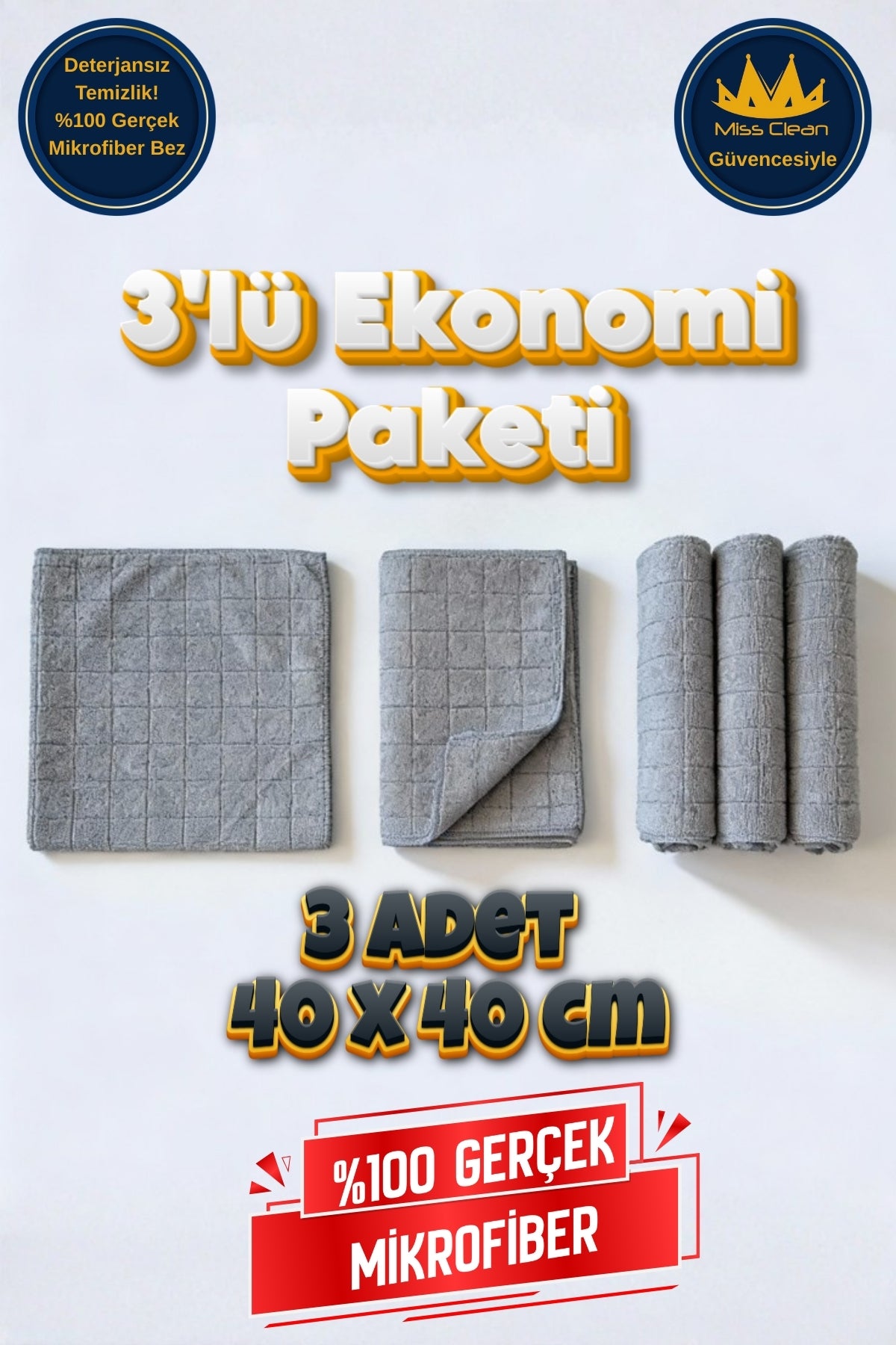 Miss Clean 3’lü Paket Mikrofiber Temizlik Bezi 40x40 cm