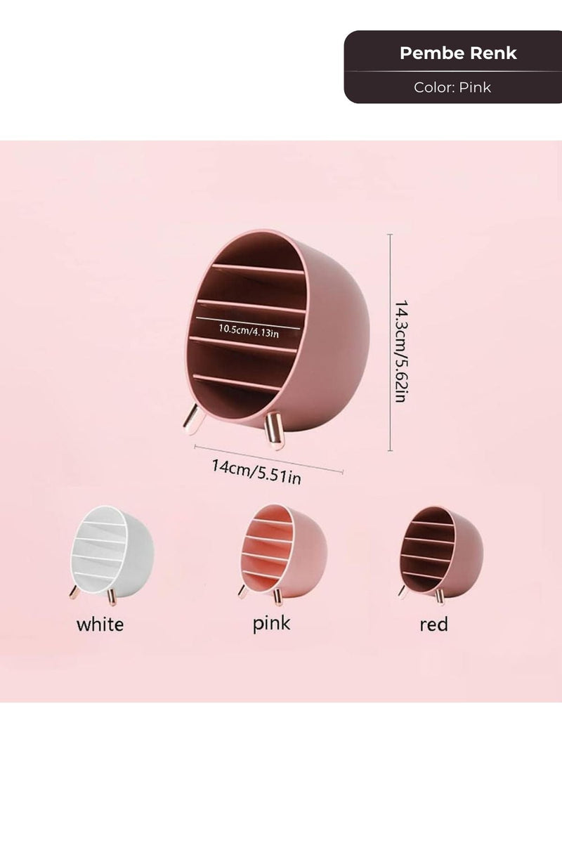 Pembe renkli masaüstü yuvarlak plastik raf, ölçüler 14,3 cm yükseklik, 14 cm genişlik, 10,5 cm derinlik