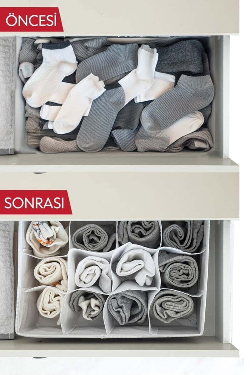 Dağınık çoraplar öncesi ve düzenlenmiş rulo çoraplar sonrası çekmecede
