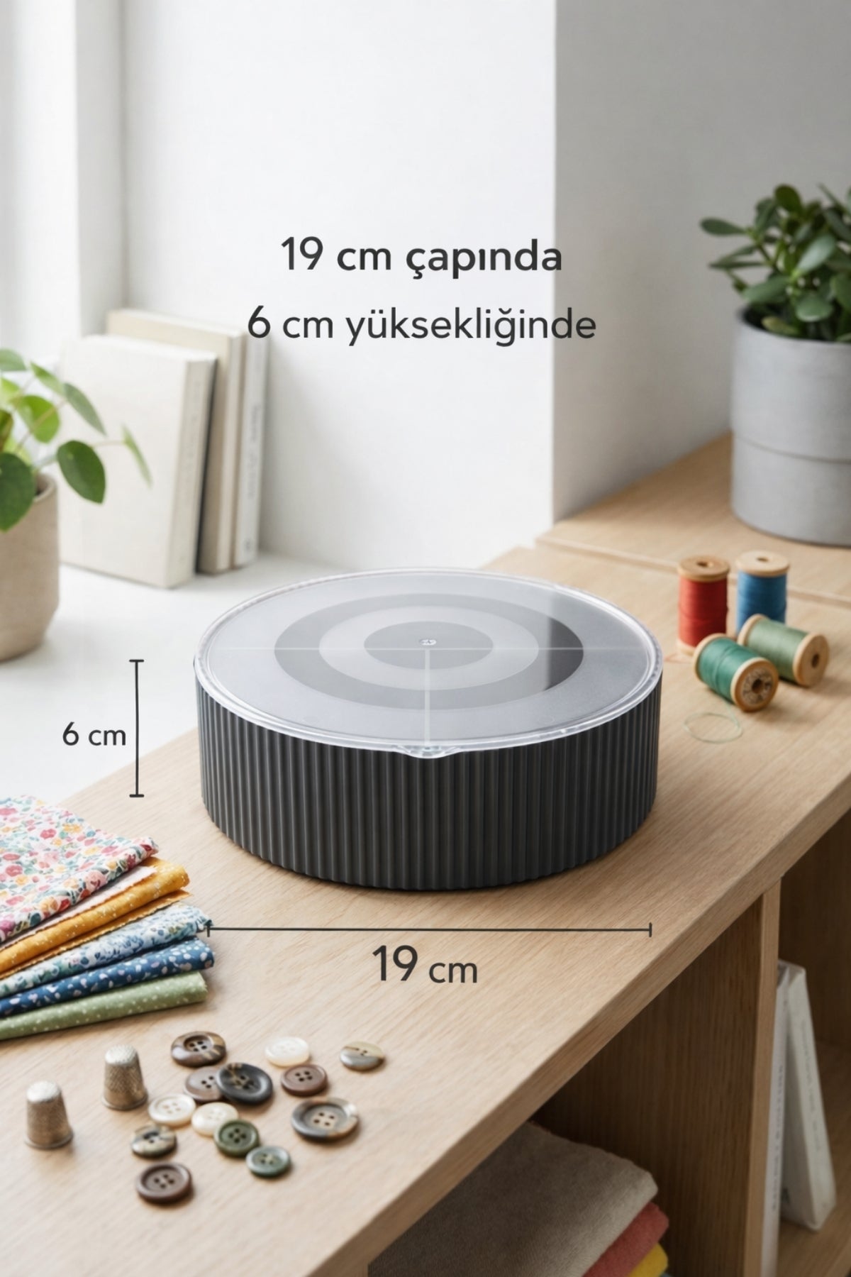 Kapaklı Yuvarlak Bölmeli Dikiş Kutusu Organizer 19 cm Çap 6 cm Yükseklik "Gri"