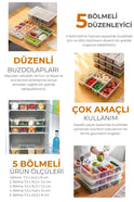 5 bölmeli şeffaf plastik buzdolabı düzenleyici kutular, farklı gıdaların ayrı saklanması için