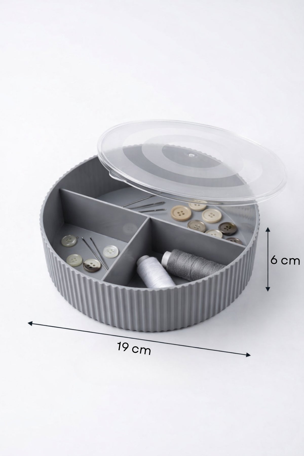 Kapaklı Yuvarlak Bölmeli Dikiş Kutusu Organizer 19 cm Çap 6 cm Yükseklik "Gri"